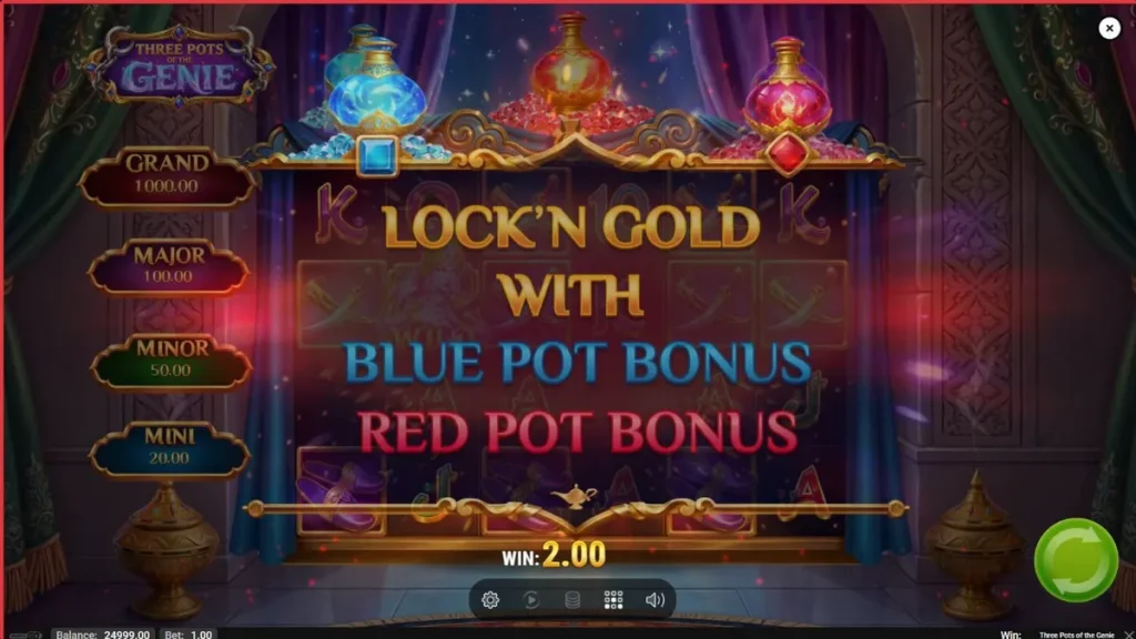 Tampilan visual slot Three Pots of the Genie dengan latar belakang gurun dan lampu ajaib
