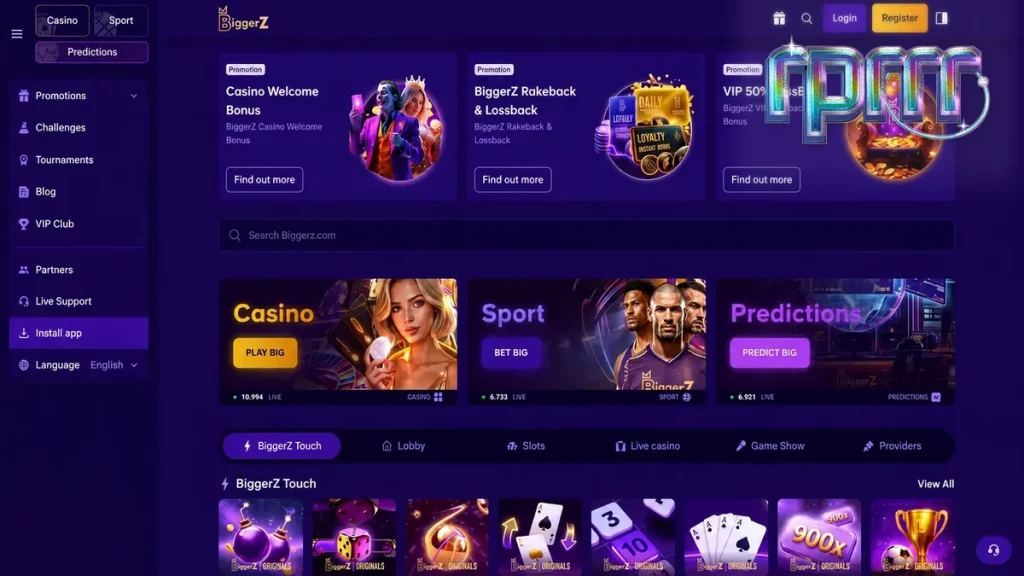 Antarmuka platform taruhan BiggerZ dengan elemen visual modern
